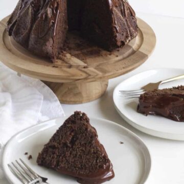 Slices of chocolate cake on plate