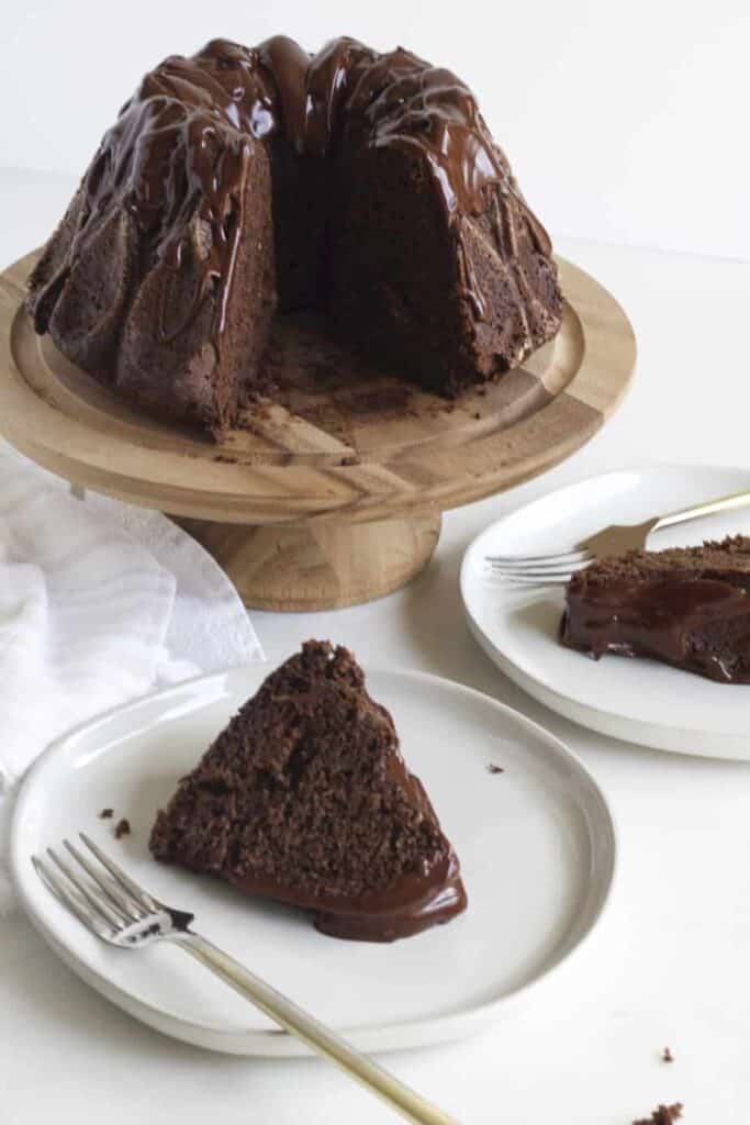 Slices of chocolate cake on plate