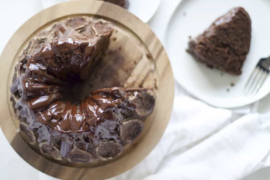 Top view of chocolate cake with slice cut out