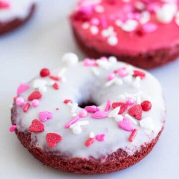 close up of red velvet donut