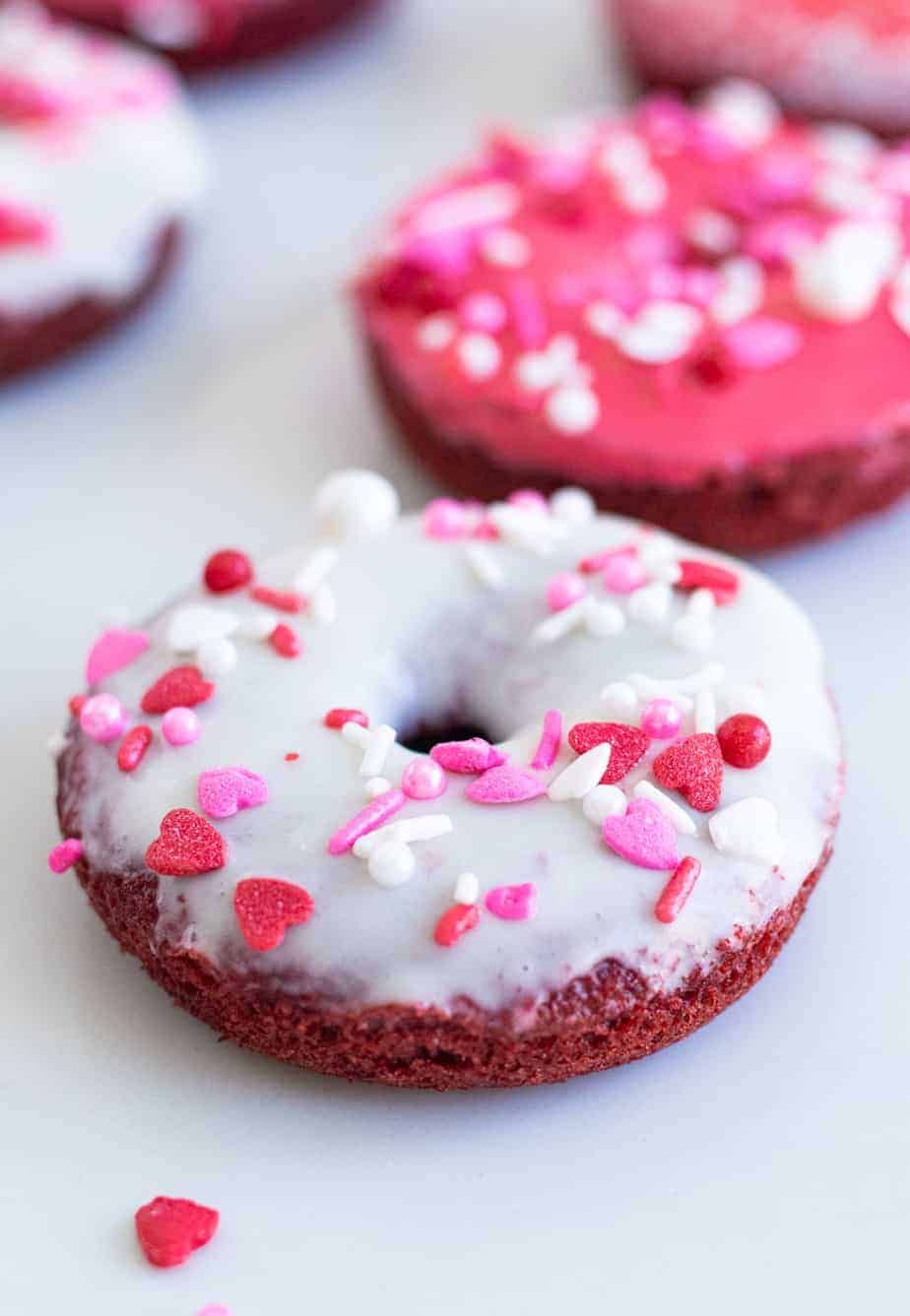 close up of red velvet donut