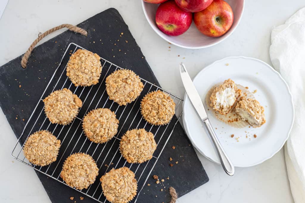 overhead of apple crumb muffins