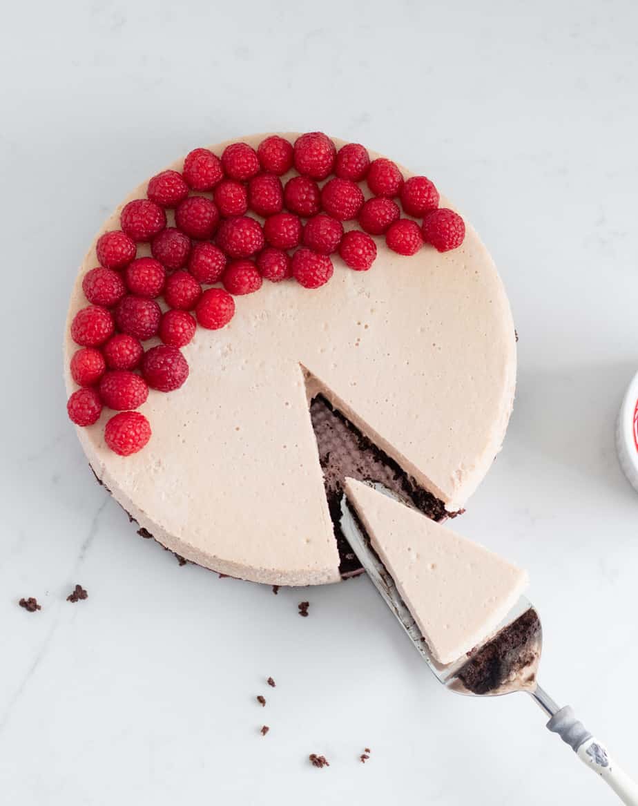 top view of raspberry brownie cheesecake