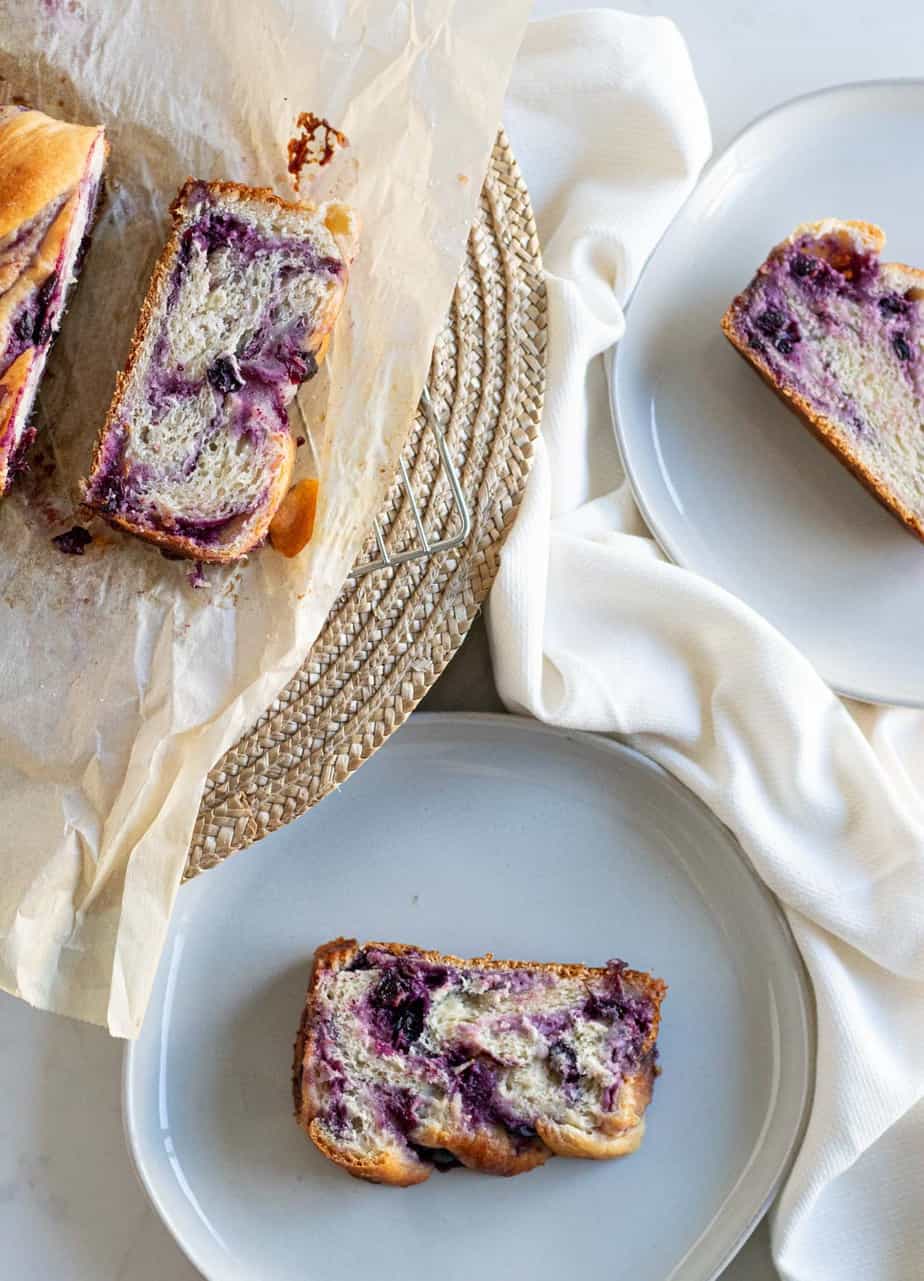 overhead picture of slices of blueberry cream cheese babka