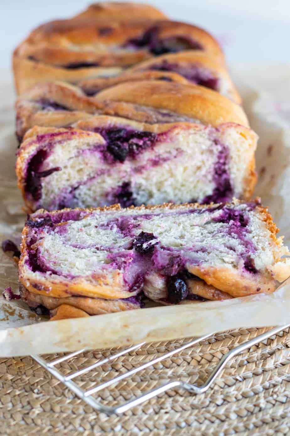 blueberry cream cheese babka loaf sliced