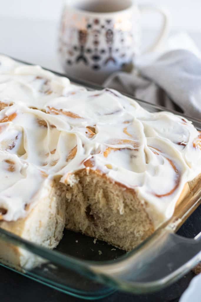 close up of a pan of apple cinnamon rolls