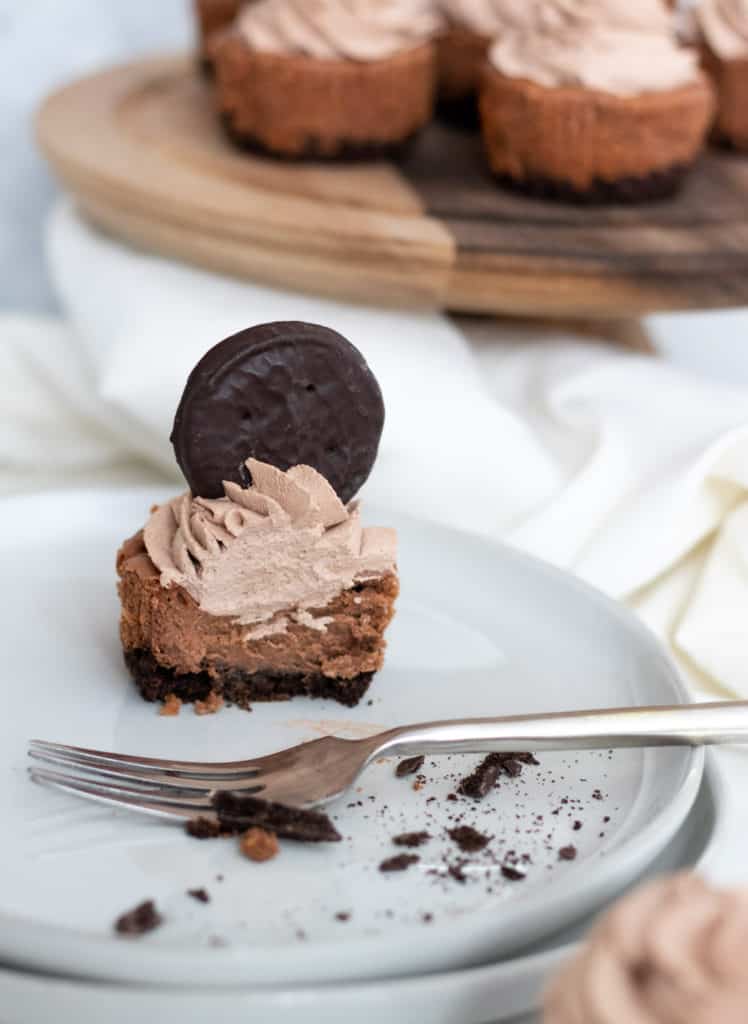 close up of mini chocolate cheesecake on a plate with a fork