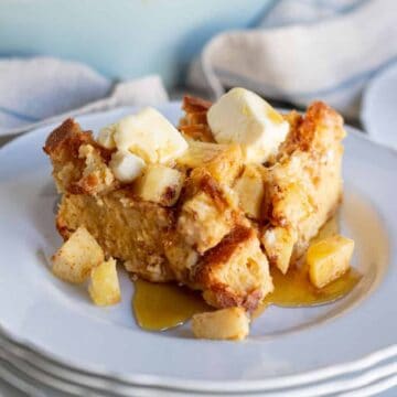 close up of apple french toast casserole slice on a plate