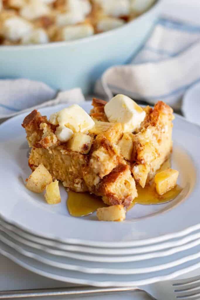 close up of apple french toast casserole slice on a plate