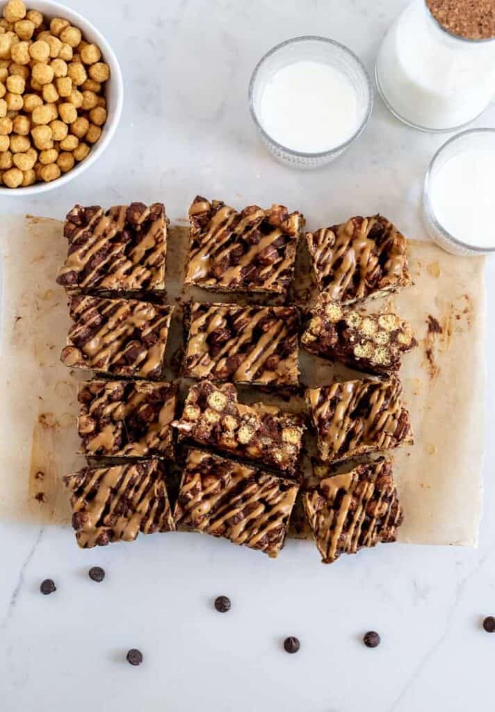 overhead shot of chocolate peanut butter cereal bars cut in squares