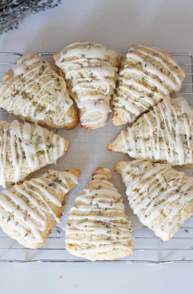 circle of lavender scones on cooling rack