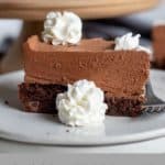 close up of a slice of chocolate mousse cake