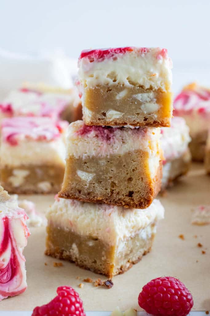 stack of raspberry cheesecake blondies