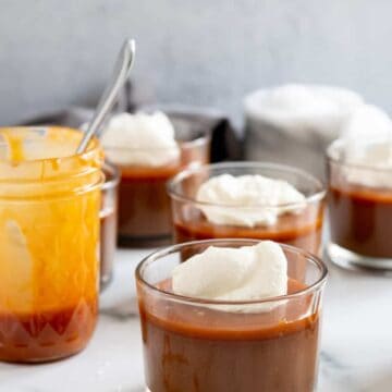 cups of chocolate budino with jar of salted caramel