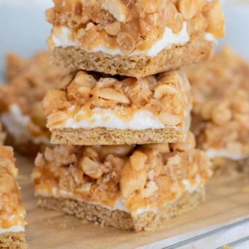 stack of peanut bars on cooling rack