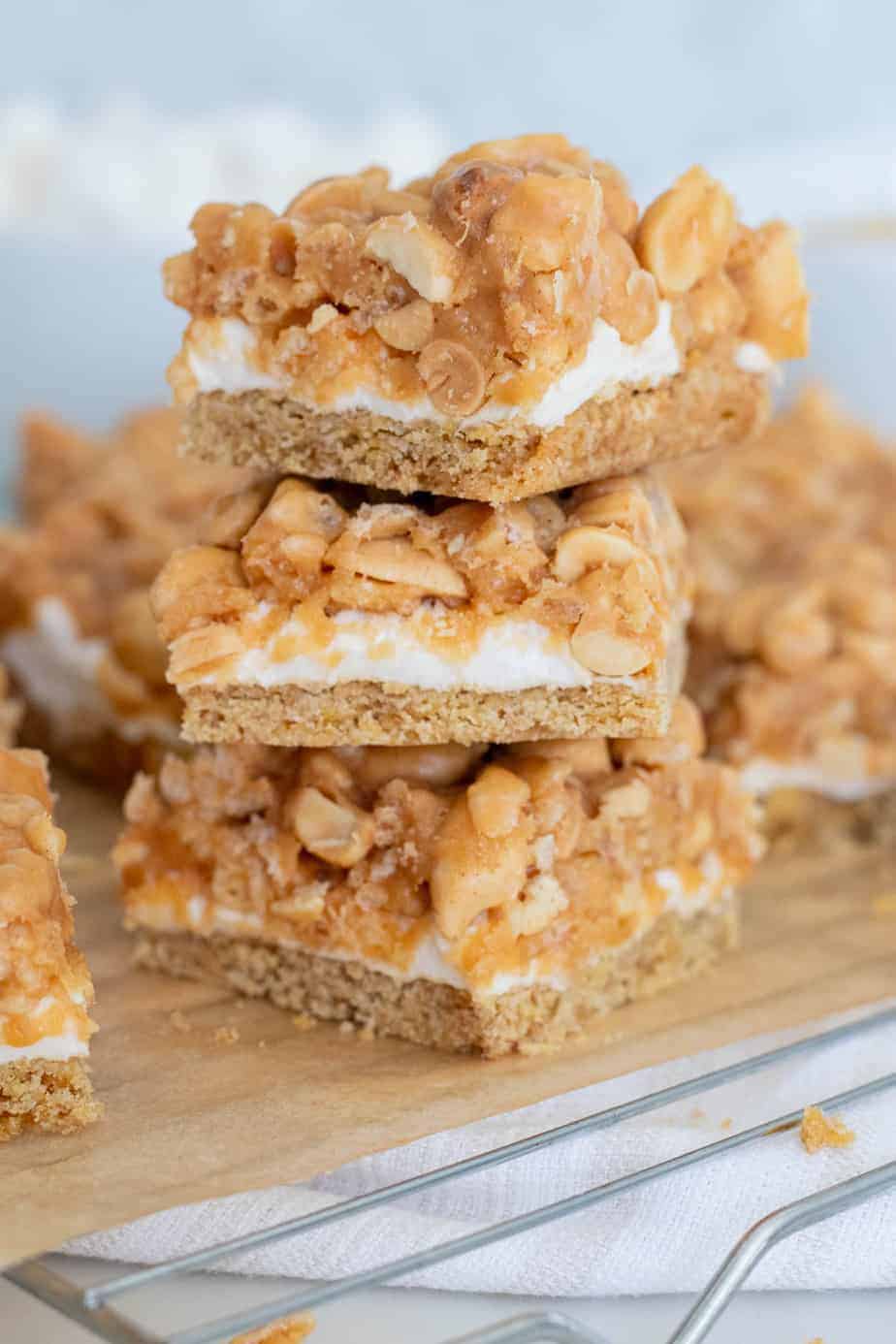 stack of peanut bars on cooling rack