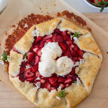 strawberry galette with scoops of vanilla ice cream