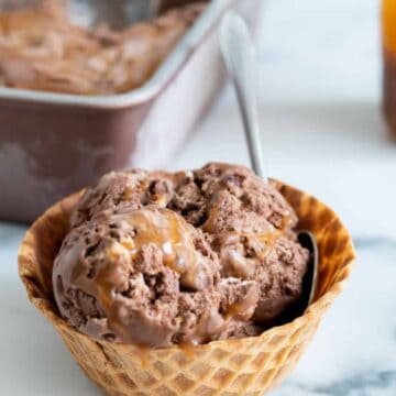 waffle bowl with chocolate ice cream and caramel