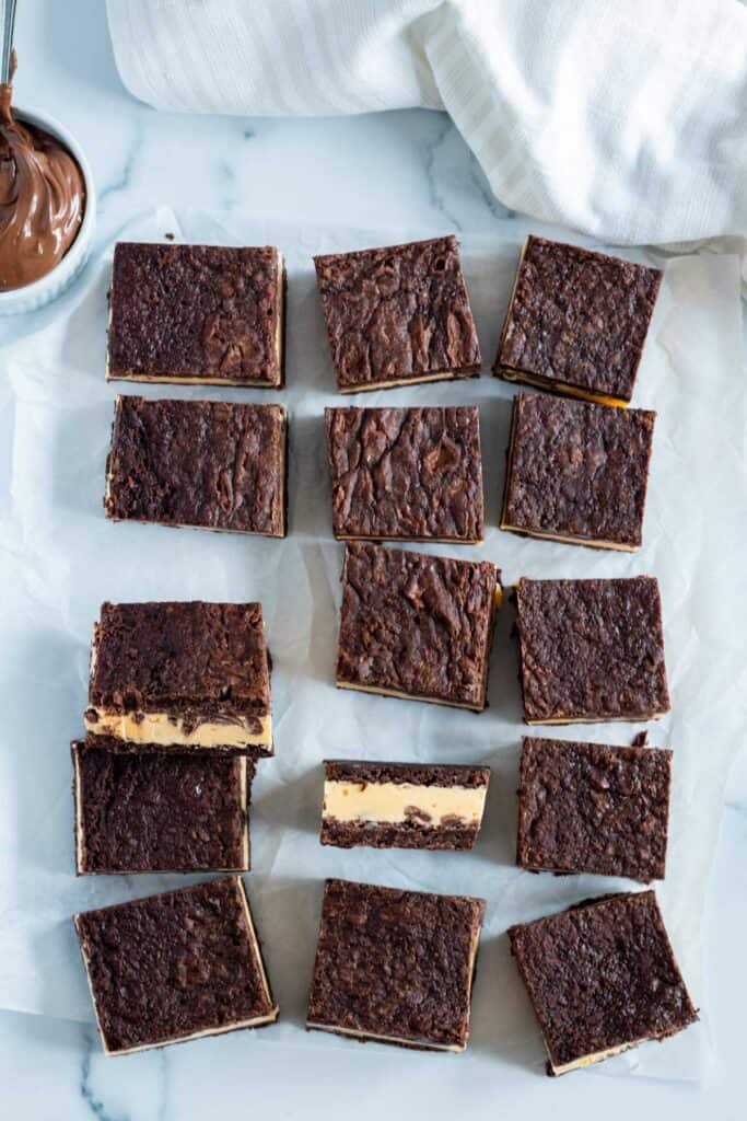 overhead view of brownie ice cream sandwiches cut into squares