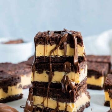 stack of brownie ice cream sandwiches with nutella drizzle