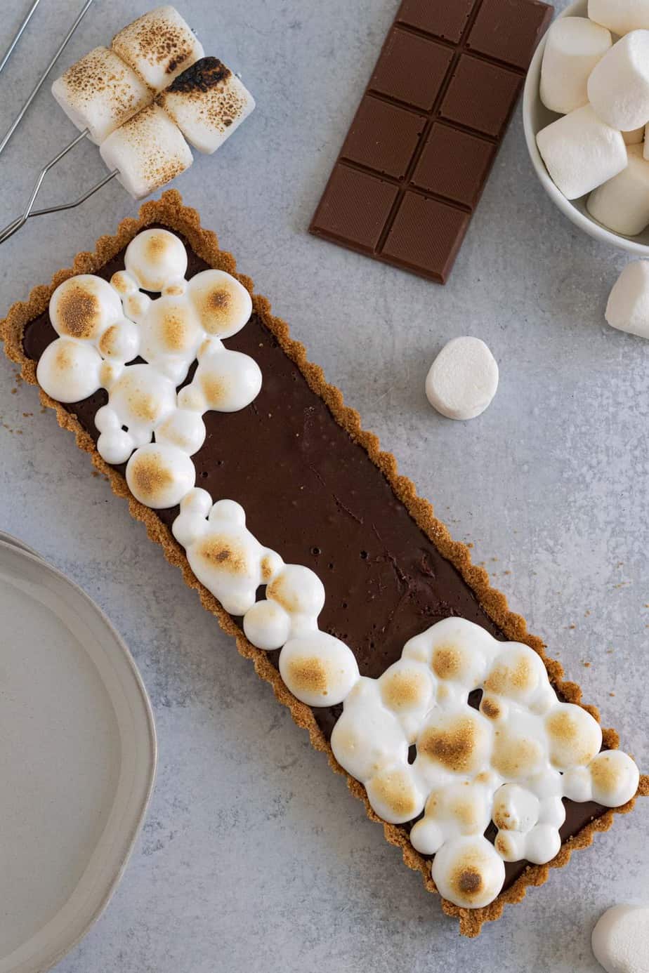 rectangle chocolate tart with toasted marshmallow on top