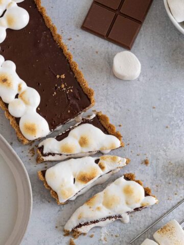 rectangle chocolate tart cut into triangles with toasted marshmallow on top