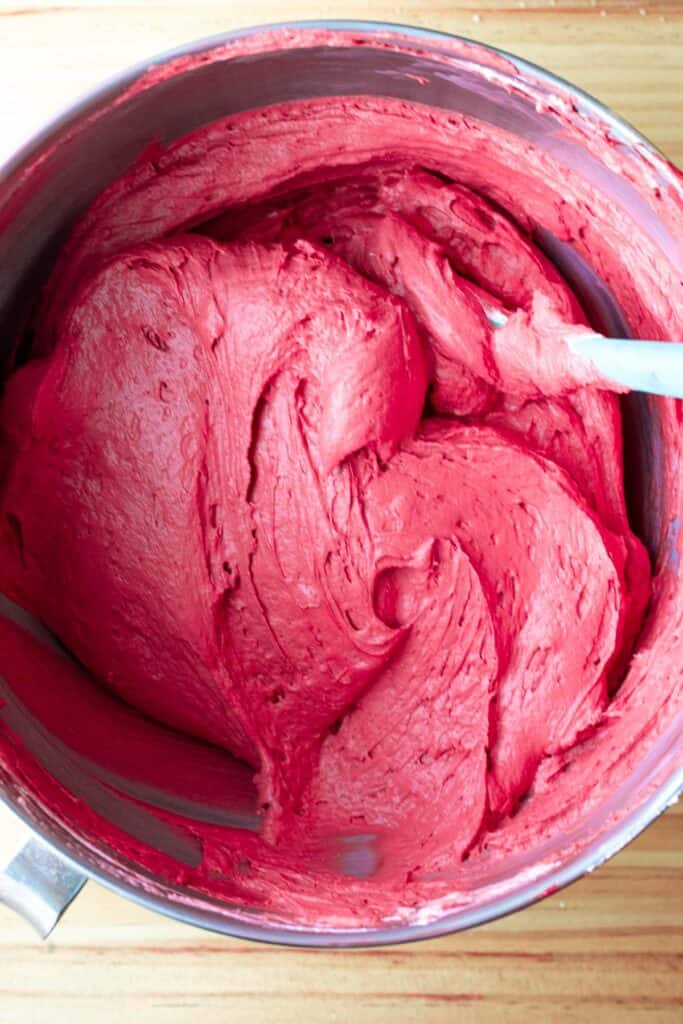 mixing bowl with red velvet cheesecake filling