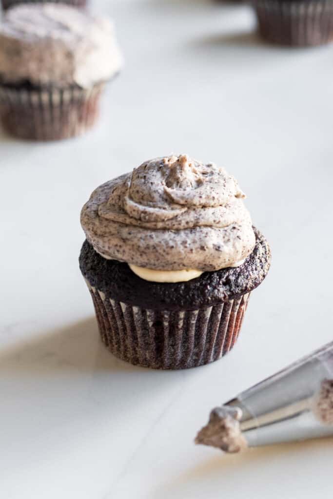 chocolate cupcake frosted with oreo buttercream