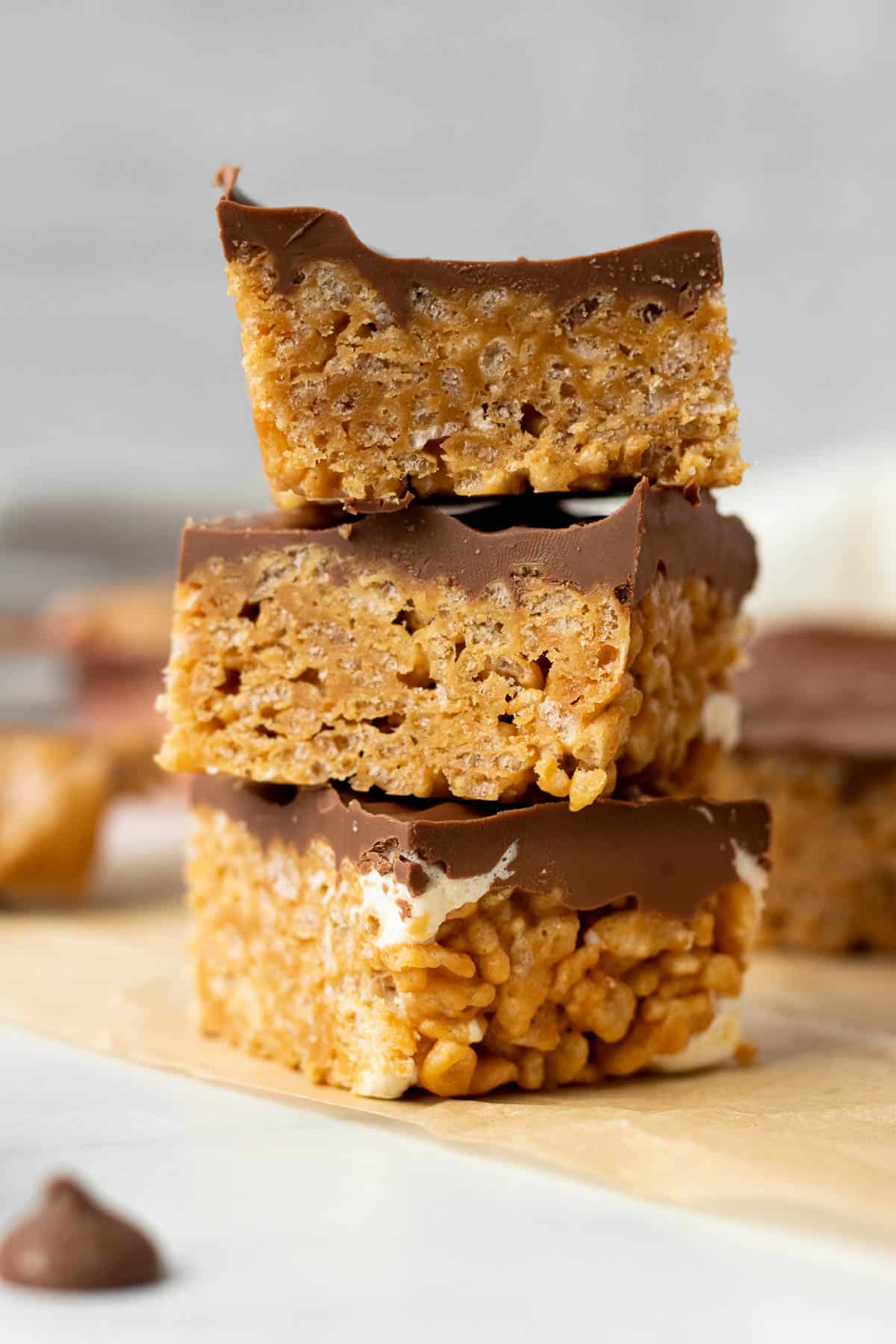 stack of chocolate peanut butter rice krispie treats