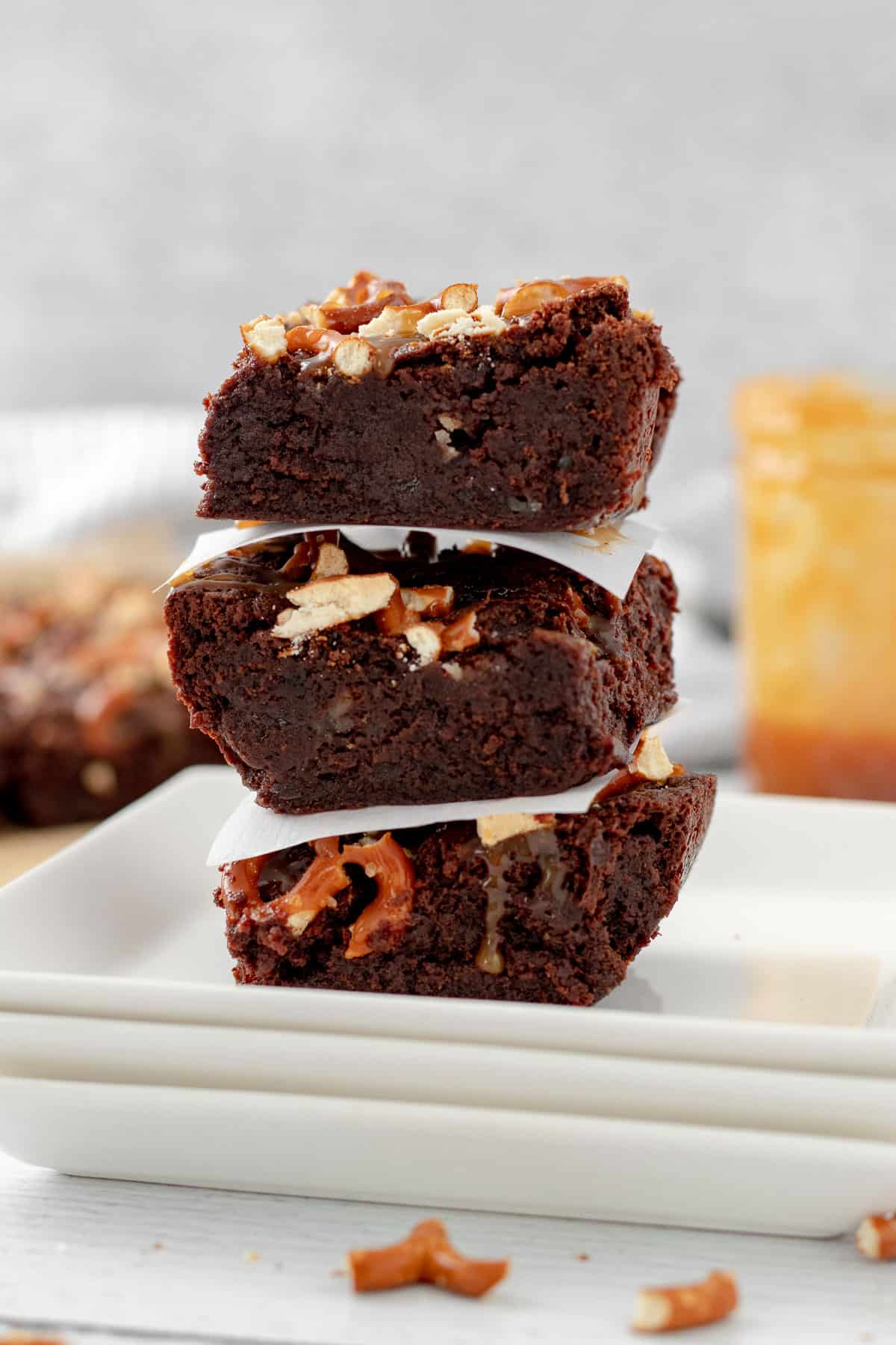 stack of salted caramel pretzel brownies