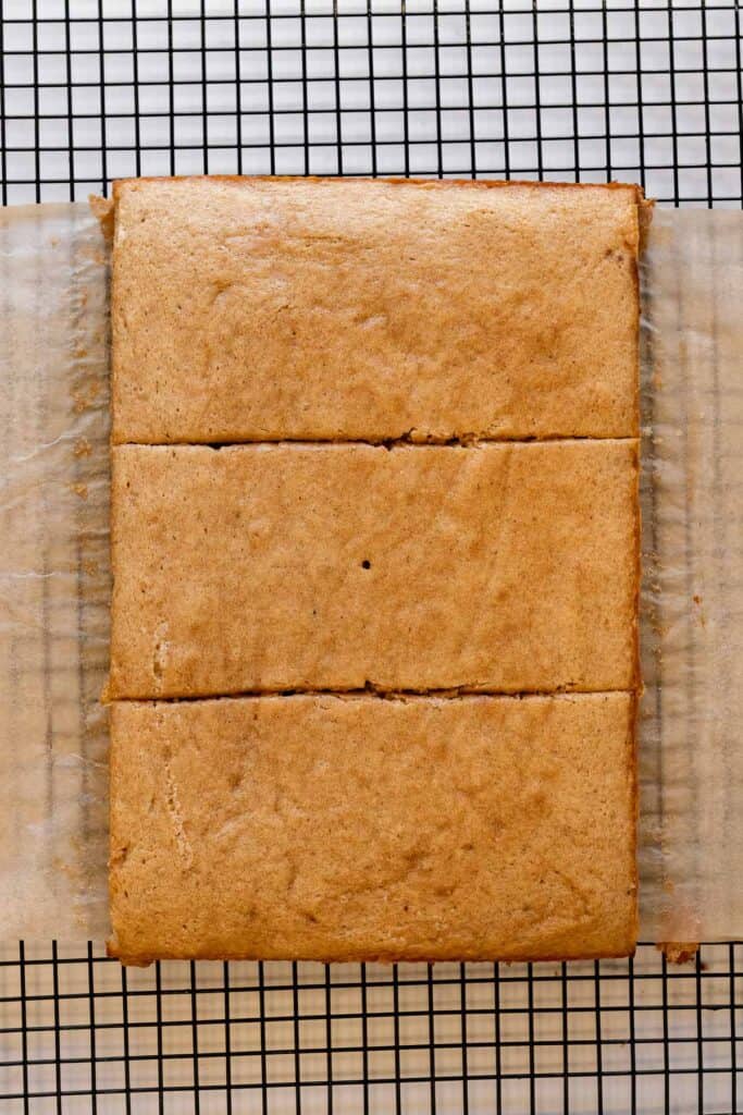 sheet cake sliced into 3 rectangles