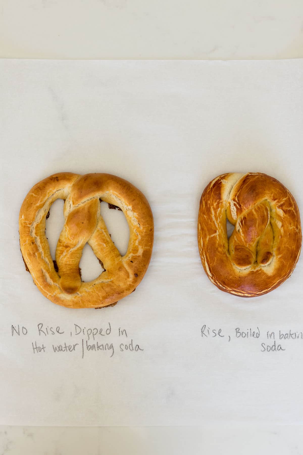 two pretzels side by side with one dipped in a baking soda bath and one boiled in a baking soda bath