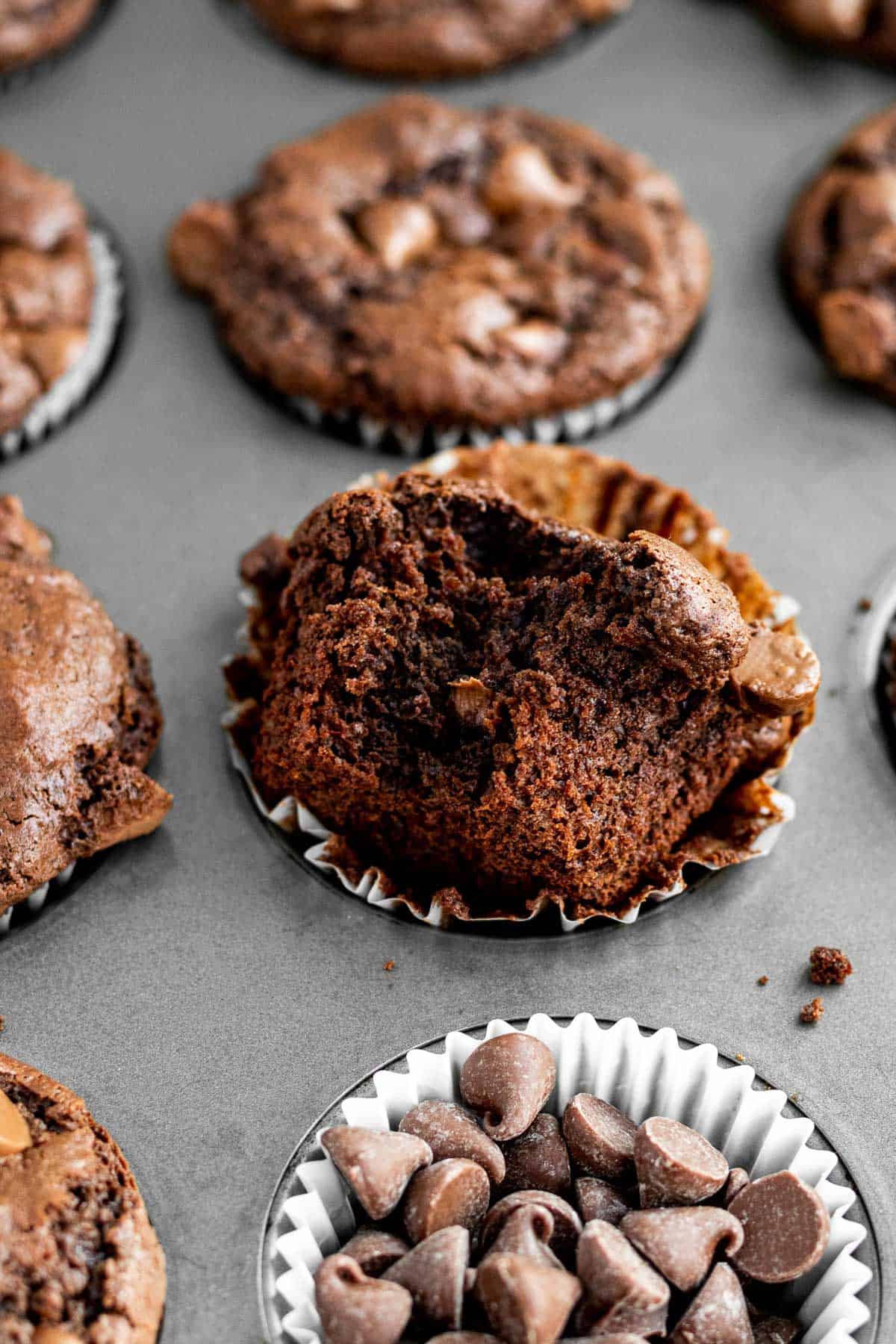 a pan of triple chocolate muffins with a close up of a muffin that has a bite taken from it